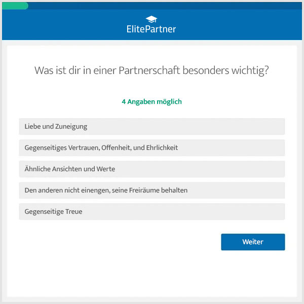 Ausschnitt ElitePartner Test zur Beziehungspersönlichkeit